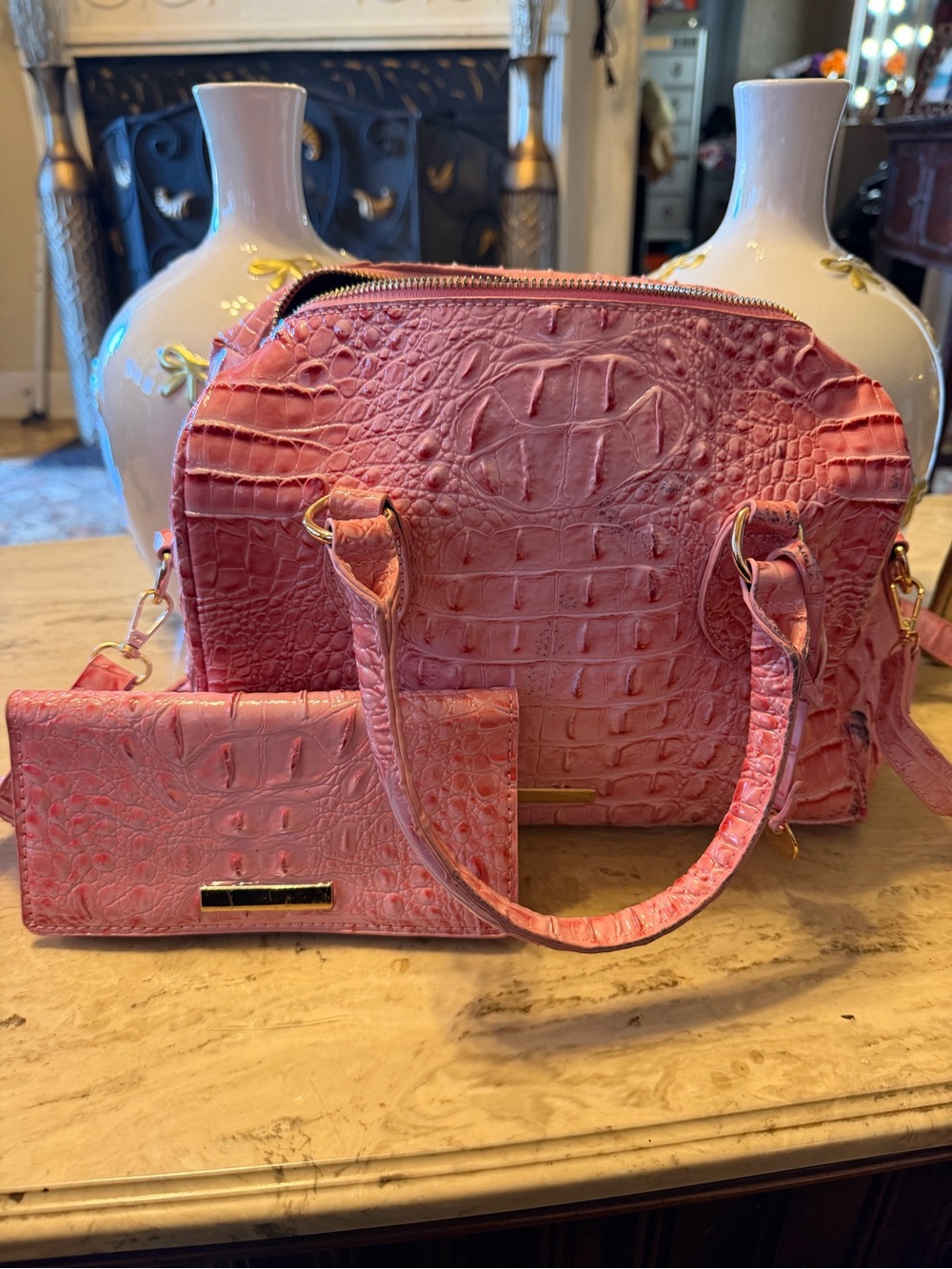 Pink Croc-Embossed Satchel Handbag with Matching Wallet